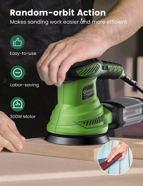 Powerful Pro Grade 300W Random Orbital Sander With Six Variable Speeds 6000 To 13000 RPM Electric Palm Sander in use on wood