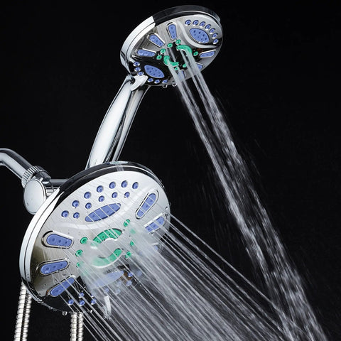 3-In-1 High-Pressure Shower Head With 48 Modes, 7-Inch Chrome Finish, Anti-Clog Microban Jets, water flowing from both heads