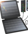 On The Go 10W Foldable Solar Charger with USB C and USB A outputs charging a phone and tablet, IPX4 waterproof portable solar panel.