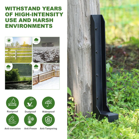 Beefy Heavy Duty Fence Post Repair Kit With One-Piece Steel Anchor And Stakes For Fixing Tilted Wood Posts, Rust-Proof Coating, Easy Install, Upgraded 11-Gauge Thickness, 2 Pack installed on a wooden post.