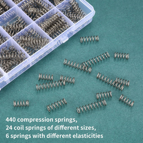 440-piece stainless steel compression springs kit in clear plastic organizer with 24 sizes