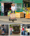 Woman using Stair Climber Grocery Cart With Six Wheels And 360 Degree Mobility for shopping at market, foldable utility trolley.