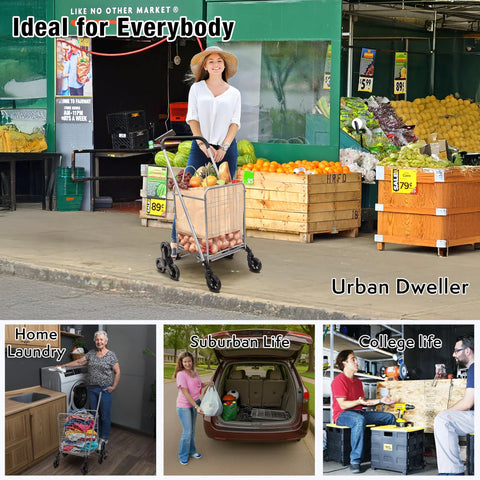 Woman using Stair Climber Grocery Cart With Six Wheels And 360 Degree Mobility for shopping at market, foldable utility trolley.