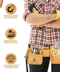 Person wearing suede tool belt and work apron with 12 pockets, dual hammer loops, and quick access pockets, designed for professionals.