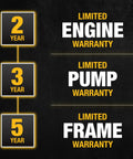 Image displaying 2-year engine, 3-year pump, and 5-year frame limited warranty details for Powerful 3300 PSI Gas Pressure Washer With 2.4 GPM, 208cc Residential Engine, 5 Nozzles, Spray Gun, Wand, 25 Foot Hose, Easy Start, Axial Cam Pump Delivers Clean For Decks, Patios, Siding And Exterior Prep.