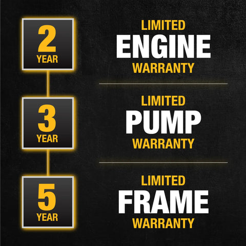 Image displaying 2-year engine, 3-year pump, and 5-year frame limited warranty details for Powerful 3300 PSI Gas Pressure Washer With 2.4 GPM, 208cc Residential Engine, 5 Nozzles, Spray Gun, Wand, 25 Foot Hose, Easy Start, Axial Cam Pump Delivers Clean For Decks, Patios, Siding And Exterior Prep.