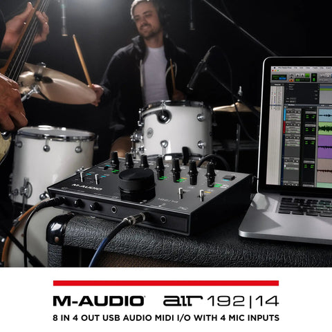 Band recording session with USB C Audio Interface For Studio Recording With 8 Inputs And 4 Outputs MIDI In Out 24 Bit 192 KHz Resolution