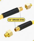 Hybrid Air Hose One Half Inch By Four Feet With One Half Inch MNPT Ends And Bend Restrictors One Half Inch FNPT To Three Eighths And One Quarter MNPT Reducer Air Compressor Hose Fittings And Accessories Flexible And Kink Resistant In All Weather focus on brass ends.