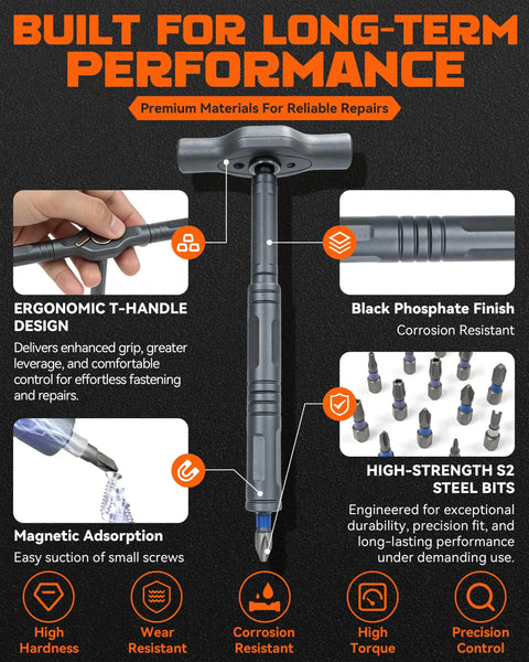 All In One Magnetic Ratchet Screwdriver Set With 42 In 1 Bits featuring ergonomic T-handle and magnetic adsorption