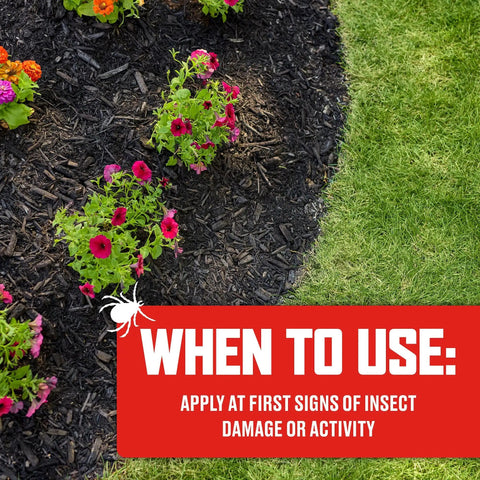 Garden bed with flowers next to grass, text 'When to Use: Apply at first signs of insect damage' on image