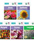 Organic Flower Seeds Variety 5 Pack For Indoor And Outdoor Gardening No GMO All Year Grow Kit With Easy Peasy Planting And Year Round Color For Home Gardens, featuring packs of Zinnia, Sunflower, Marigold, Cosmos, Lavender.