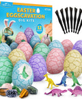 Eggscavation Easter Dig Kit with 12 dig bricks, glow in the dark dinosaur figures, real gemstones, and dig tools shown.