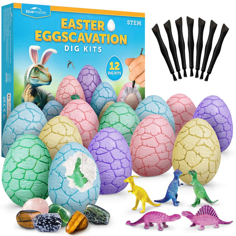 Eggscavation Easter Dig Kit with 12 dig bricks, glow in the dark dinosaur figures, real gemstones, and dig tools shown.