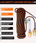 Heavy Duty Roof Safety Rope Lanyard 25Ft With Grab Snap Hooks And Shock Absorber Fall Protection, coiled with features display
