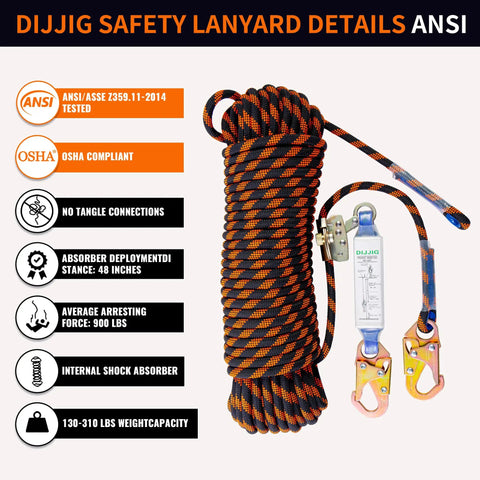 Heavy Duty Roof Safety Rope Lanyard 25Ft With Grab Snap Hooks And Shock Absorber Fall Protection, coiled with features display