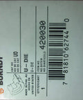 Label showing Stainless Steel U Die Index O For Hydraulic Tools, Pro Grade, barcode and brand, fits Y35-Y750 crimpers
