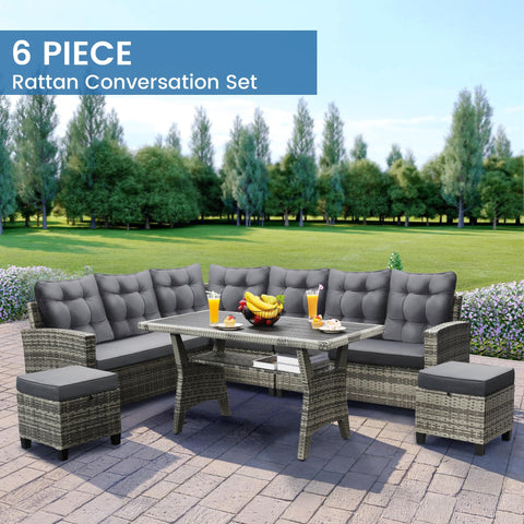6 Piece Outdoor Patio Furniture Set With Sectional Sofa, Dining Table And Chairs, All Weather Dining Set With Removable Cushion Covers, Gray