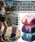 Womens Merino Wool Hiking Socks For Cold Weather Thermal Warm Crew Socks With Cushioned Comfort Cozy Fit 5 Pair Gift Set In Dark Gray Black Rose Red Sizes Medium And Large, with material details and size options.