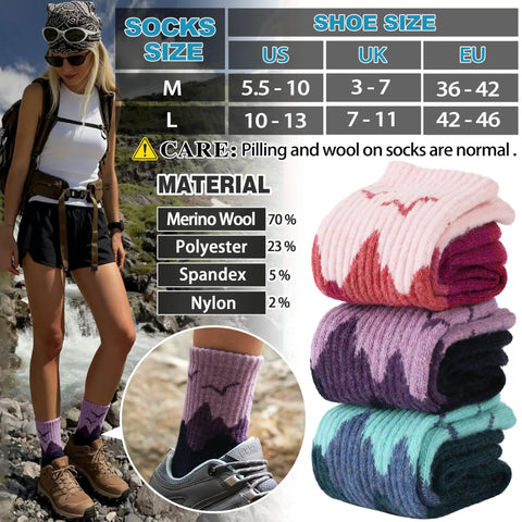 Womens Merino Wool Hiking Socks For Cold Weather Thermal Warm Crew Socks With Cushioned Comfort Cozy Fit 5 Pair Gift Set In Dark Gray Black Rose Red Sizes Medium And Large, with material details and size options.