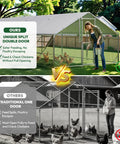Comparison of Extra Large Metal Chicken Run For Yard showing unique split double door with person feeding chickens.