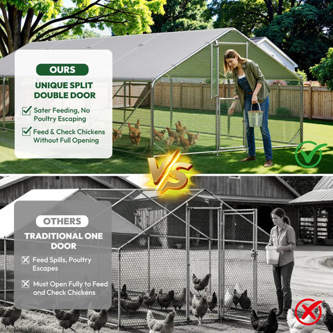 Comparison of Extra Large Metal Chicken Run For Yard showing unique split double door with person feeding chickens.