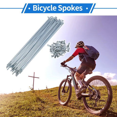 12G 205mm Bicycle Spokes Set For All Wheel Types shown with cyclist on hill, highlighting durability and flexibility with silver nipples.