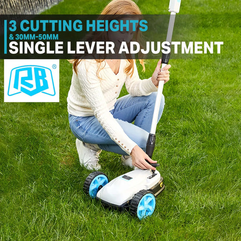 40V 9 Inch Cordless Lawn Mower With Battery And Charger For Small Yards Ultra Lightweight And Compact Brushless Motor For Low Maintenance Mulching Easy Start No Fuss For Small Lawns Up To 540 Sq Ft. woman adjusting 3 cutting heights on compact mower
