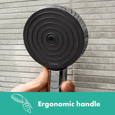 Hand holding ergonomic handheld shower head from Pulsify S 24 Inch Wall Bar Shower System With 3 Jet Types PowderRain, chrome finish