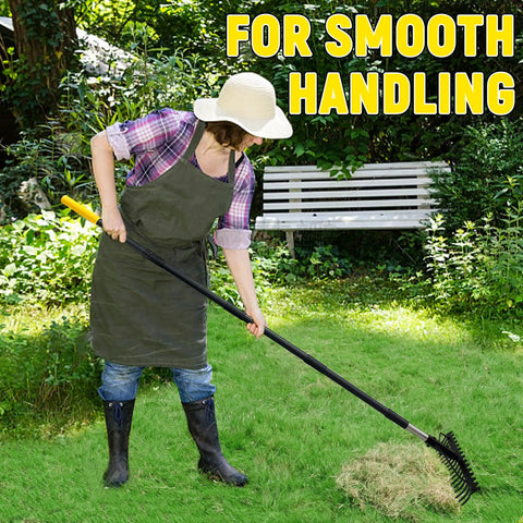 Person using Heavy Duty Bow Rake With 68 Inch Adjustable Handle, 17 Steel Tines, Dual Sided Metal Garden Tool for lawn cleanup