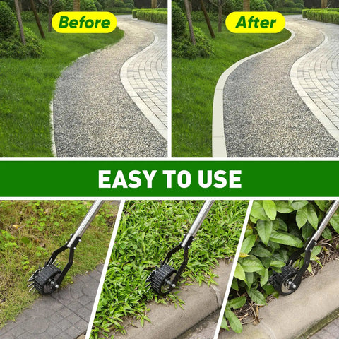 Before and after use of Heavy Duty Rotary Wheel Lawn Edger With Adjustable 23.6 To 67 Inch Length, Stainless Steel Handle And Sharp Serrated Blades