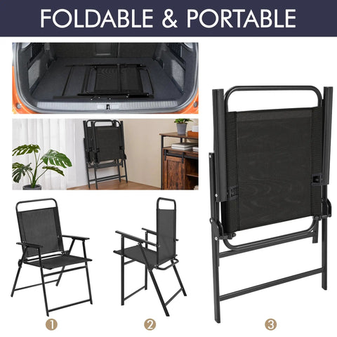 Outdoor Folding Patio Chairs Set Of 4 for the backyard and porch, folded in car trunk, black fabric and metal frames.