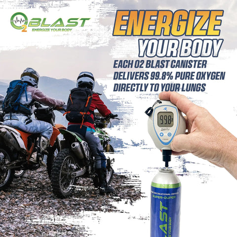 Bikers preparing with 99.99 Percent Pure Oxygen On The Go Can With Mask, 10L Portable Oxygen Tank for quick energy boost.