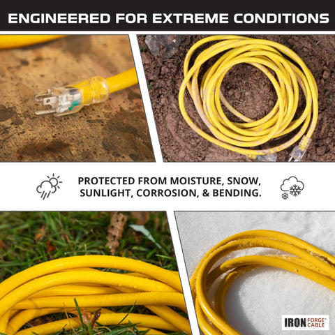 Lighted Outdoor GFCI Extension Cord With Three Outlets, 3 Foot 12 Gauge SJTW, displayed across various terrains for durability showcase.