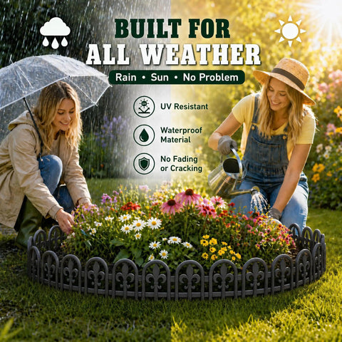 Two women gardening with Black Garden Border Edging Kit With PP Plastic Metal Free Wrought Iron Look 15 Pieces 20 Foot Kit.