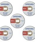 Five Dremel EZ Lock fiberglass-reinforced metal-cutting wheels, 1.5 in diameter, front view