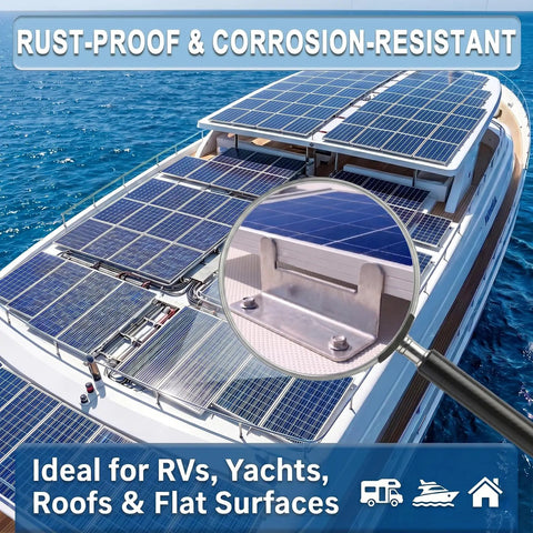 Heavy Hitter Solar Panel Z Bracket Mounts 16 Pack Thick Reinforced Stainless Steel Built Different For RV Setup And Camp Life With Killer UV Protection And Sweet Rust Defense on yacht roof.
