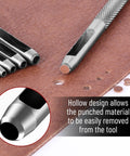 Close-up of Leather Hole Punch Set 2.5mm to 10mm, 9 Pcs Hollow Punch Tools in Carbon Steel used on leather, showing punched holes.