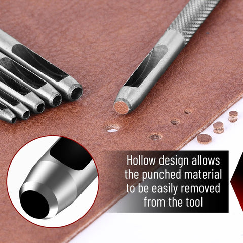 Close-up of Leather Hole Punch Set 2.5mm to 10mm, 9 Pcs Hollow Punch Tools in Carbon Steel used on leather, showing punched holes.