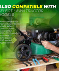 Person adjusting lawn mower engine with tools nearby, highlighting compatibility with select tractor models