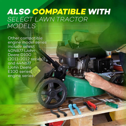 Person adjusting lawn mower engine with tools nearby, highlighting compatibility with select tractor models