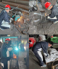 Heavy Duty Leather Blast Suit For Spray Painting And Sandblasting, worker in protective overalls using tools at industrial site