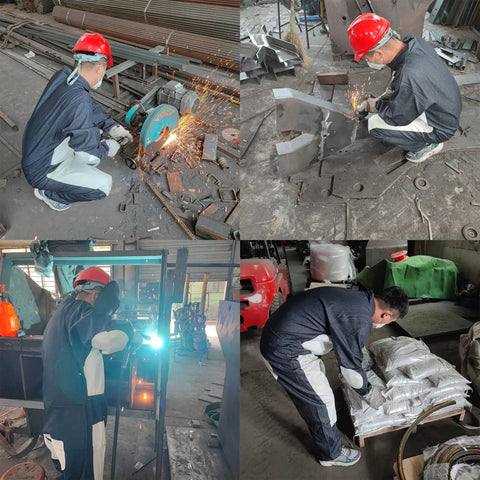 Heavy Duty Leather Blast Suit For Spray Painting And Sandblasting, worker in protective overalls using tools at industrial site