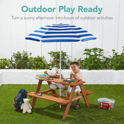 Wooden Kids Picnic Table With Umbrella For Backyard Play And Outdoor Fun Activity Table Set With Built In Benches 220 Lb Capacity