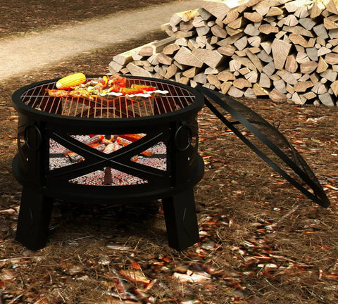 Heavy Duty Portable 26 Inch Steel Fire Pit With Grill Grate And Spark Screen, 360 Degree Airflow Boost For Less Smoke And Bigger Flames