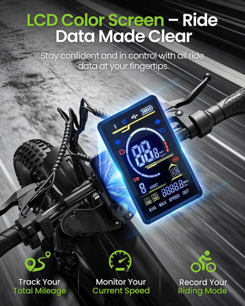 LCD screen display on 16 Inch Fat Tire Electric Bike For Adults And Teens With Peak 1500W Motor 28 MPH Top Speed 65 Mile Range 48V 15.6Ah Battery Full Suspension All Terrain Ebike For Mountains Snow And Sand Black.