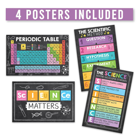 Classroom Science Poster Pack For Middle School And Homeschool Four Laminated 11x17 Posters Including Periodic Table And Scientific Method Colorful Chalk Theme Decor For Elementary Classrooms