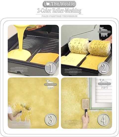 Two Color Faux Finish Paint Roller Kit For Beginners, Easy Start DIY Wall Texture, natural Australian lambskin in use, 4-step process
