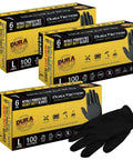 Three boxes and one pair of Heavy Duty Black Nitrile Disposable Gloves 6 Mil Extra Thick Latex Free Powder Free Textured Grip Food Safe Large