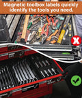 Top and side view of tool drawers, one with Magnetic Tool Box Labels With Icon 80 Pieces Pre Printed Drawer Markers Strong Magnet Tags.