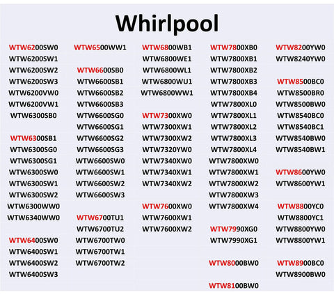 List of Whirlpool washing machine model numbers with corresponding identifiers for parts and repairs.